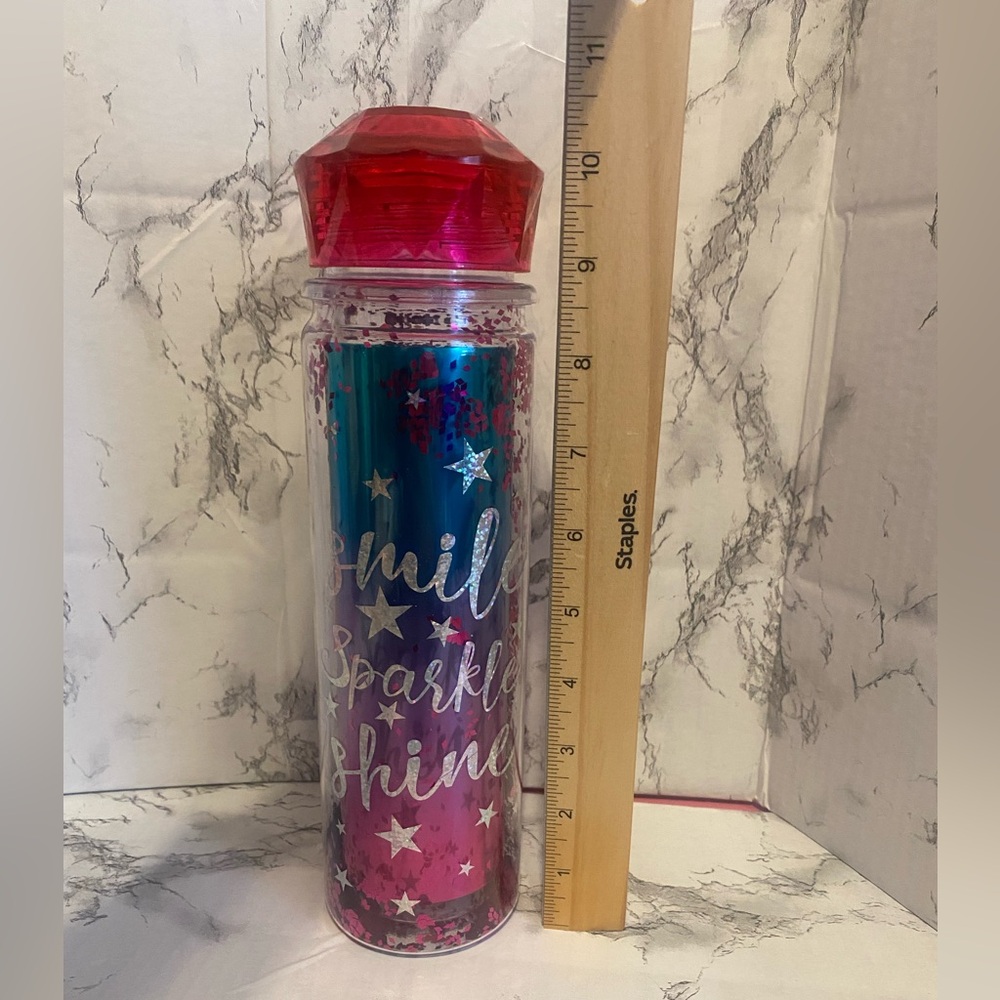 NWT, Claire’s Colorful Glitter Pink, Blue, Silver Water Bottle For Cold Drinks